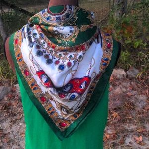 White/Red/Green/Tan/Blue Print Silk Scarf Bold Beautiful Colors for Fall…